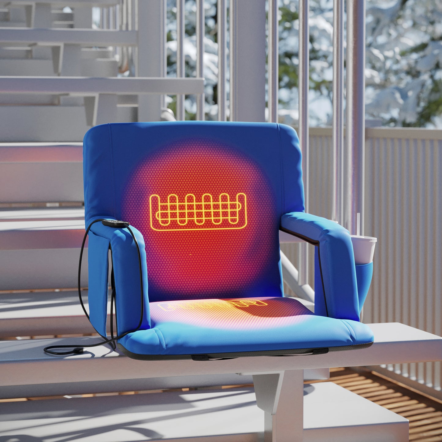 Malta Blue Portable Heated Reclining Stadium Chair with Armrests, Heated Padded Back & Heated Seat with Dual Storage Pockets and Backpack Straps Blue