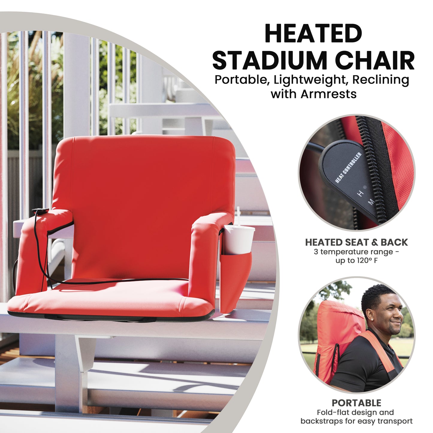 Malta Red Portable Heated Reclining Stadium Chair with Armrests, Heated Padded Back & Heated Seat with Dual Storage Pockets and Backpack Straps Red