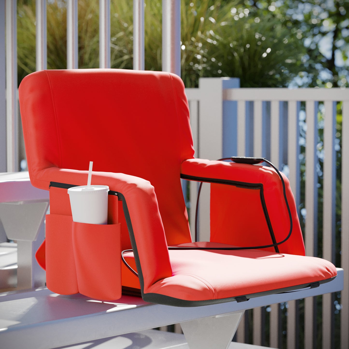 Malta Red Portable Heated Reclining Stadium Chair with Armrests, Heated Padded Back & Heated Seat with Dual Storage Pockets and Backpack Straps Red