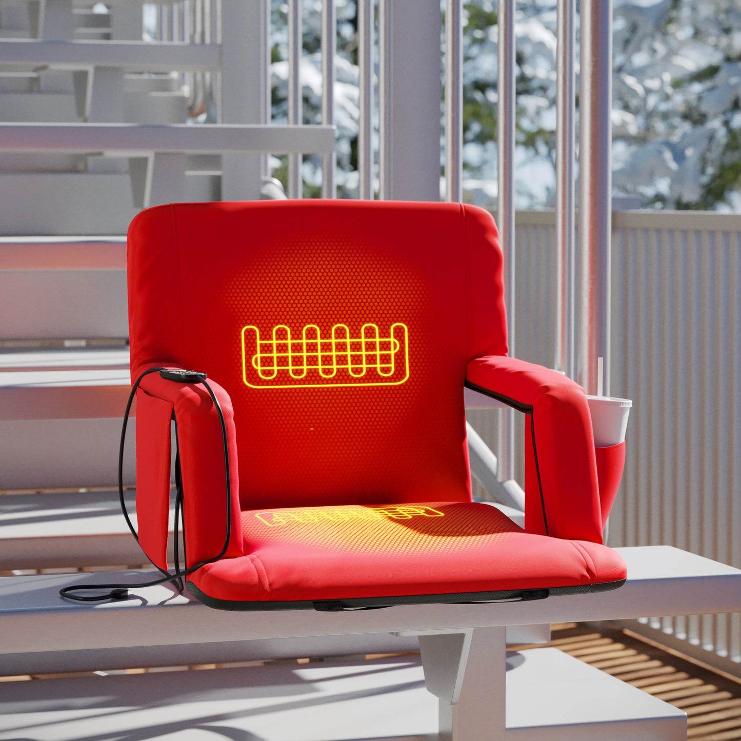 Malta Red Portable Heated Reclining Stadium Chair with Armrests, Heated Padded Back & Heated Seat with Dual Storage Pockets and Backpack Straps Red