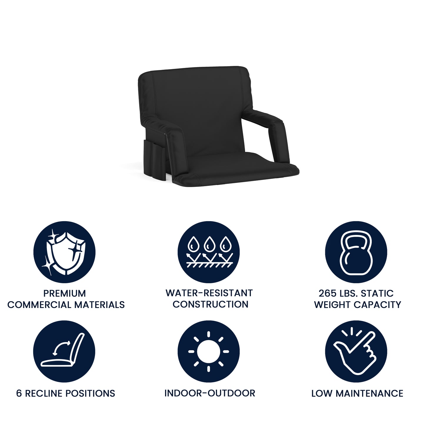 Malta Extra Wide Black Lightweight Reclining Stadium Chair with Armrests, Padded Back & Seat with Dual Storage Pockets and Backpack Straps Black