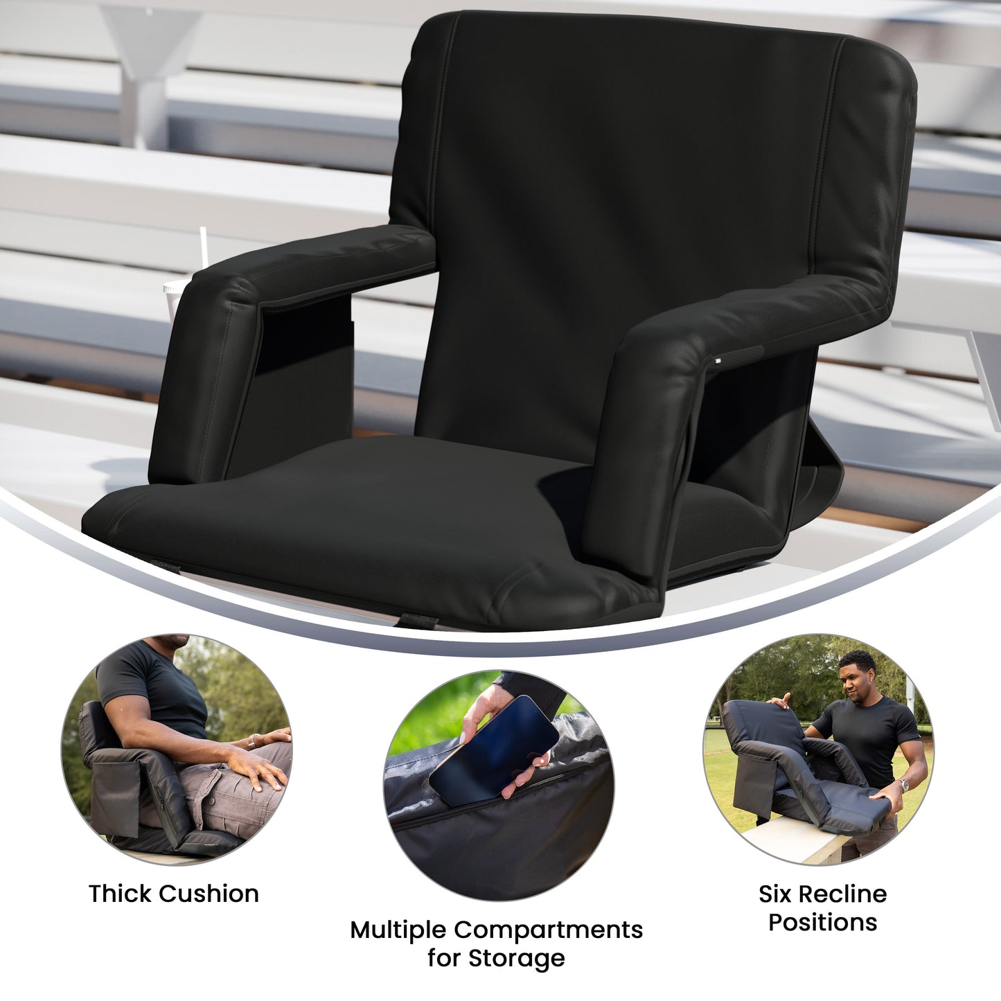Malta Extra Wide Black Lightweight Reclining Stadium Chair with Armrests, Padded Back & Seat with Dual Storage Pockets and Backpack Straps Black