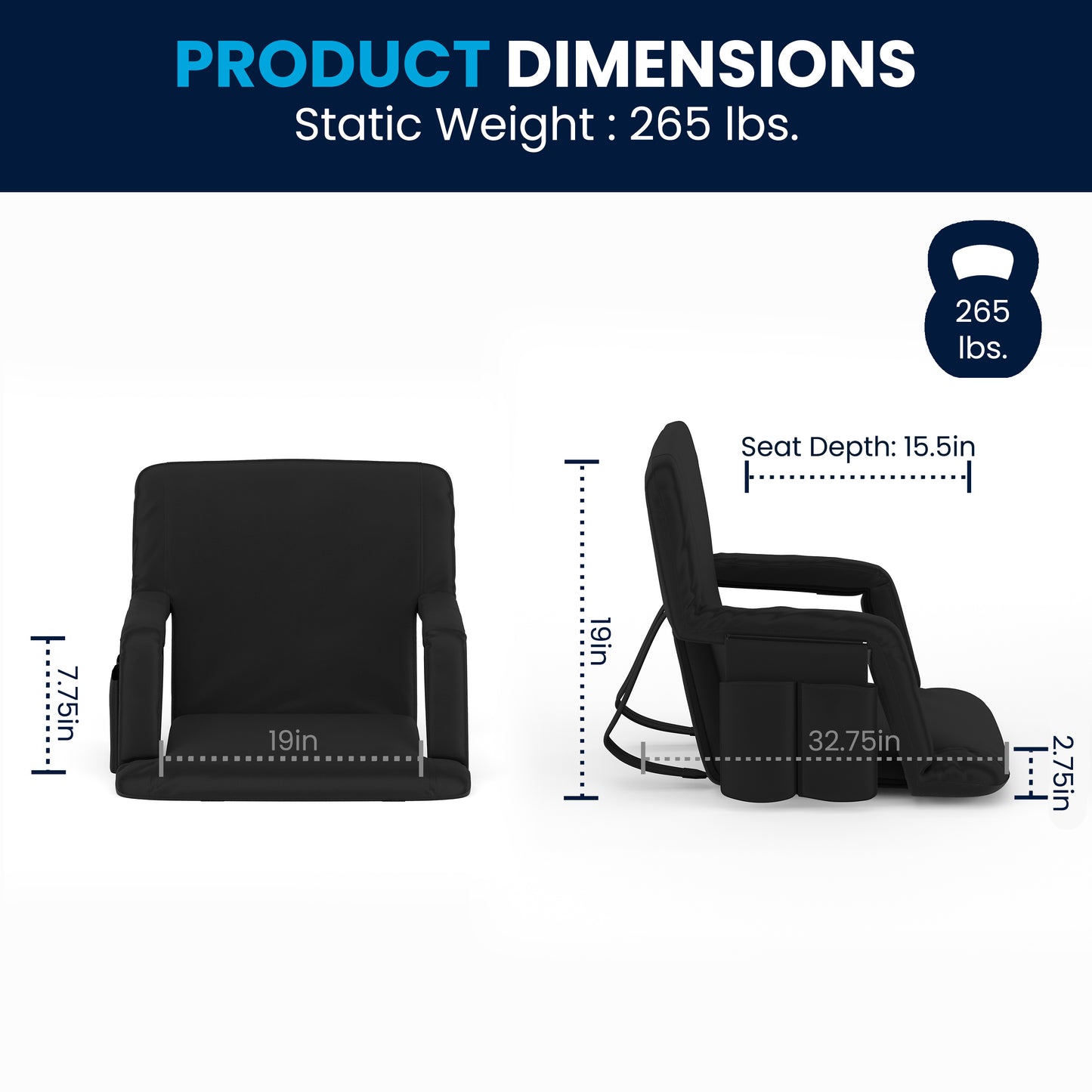 Malta Extra Wide Black Lightweight Reclining Stadium Chair with Armrests, Padded Back & Seat with Dual Storage Pockets and Backpack Straps Black