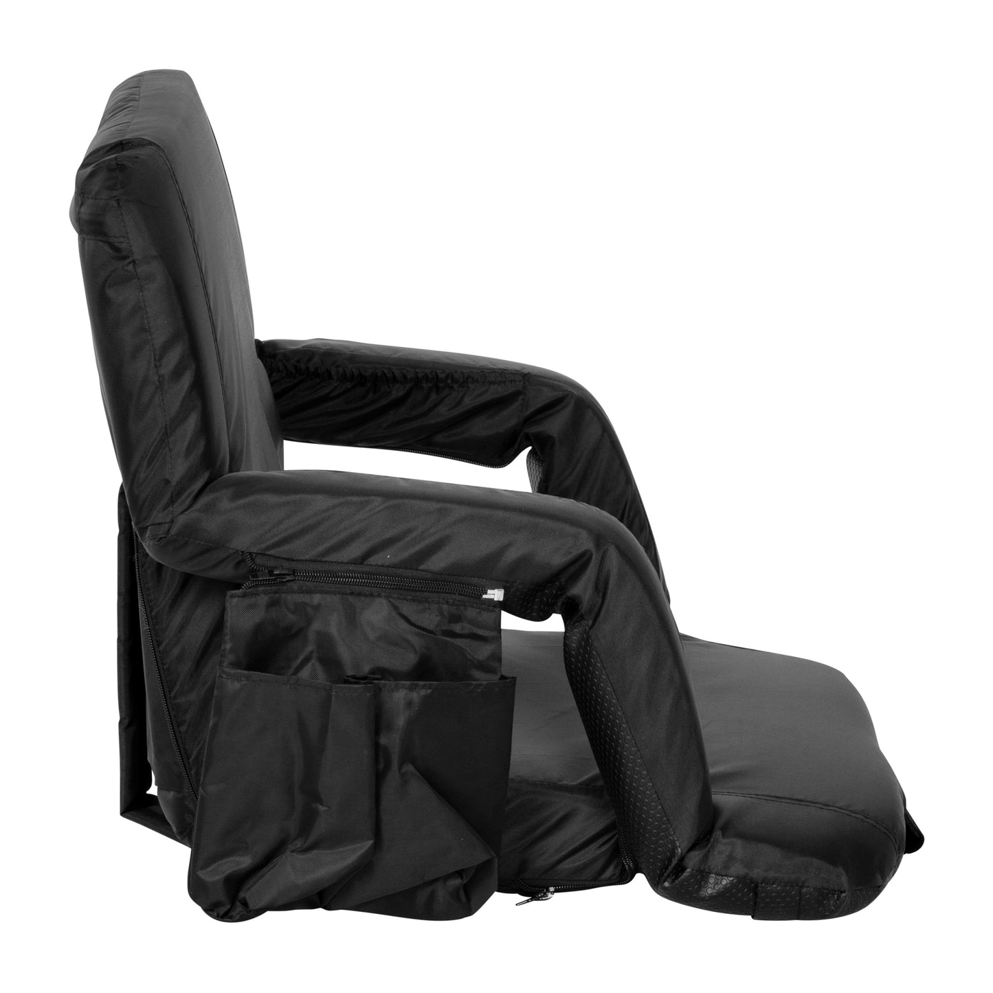Malta Extra Wide Black Lightweight Reclining Stadium Chair with Armrests, Padded Back & Seat with Dual Storage Pockets and Backpack Straps Black