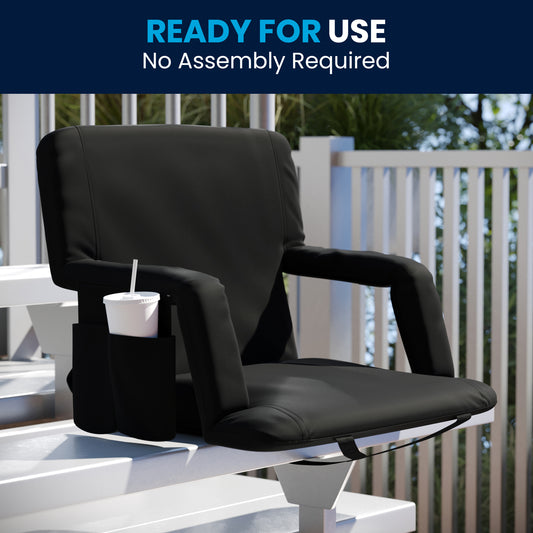 Malta Extra Wide Black Lightweight Reclining Stadium Chair with Armrests, Padded Back & Seat with Dual Storage Pockets and Backpack Straps Black