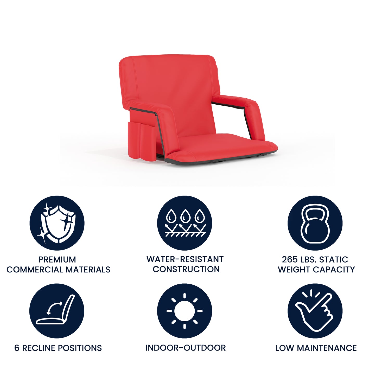 Malta Extra Wide Red Lightweight Reclining Stadium Chair with Armrests, Padded Back & Seat with Dual Storage Pockets and Backpack Straps Red