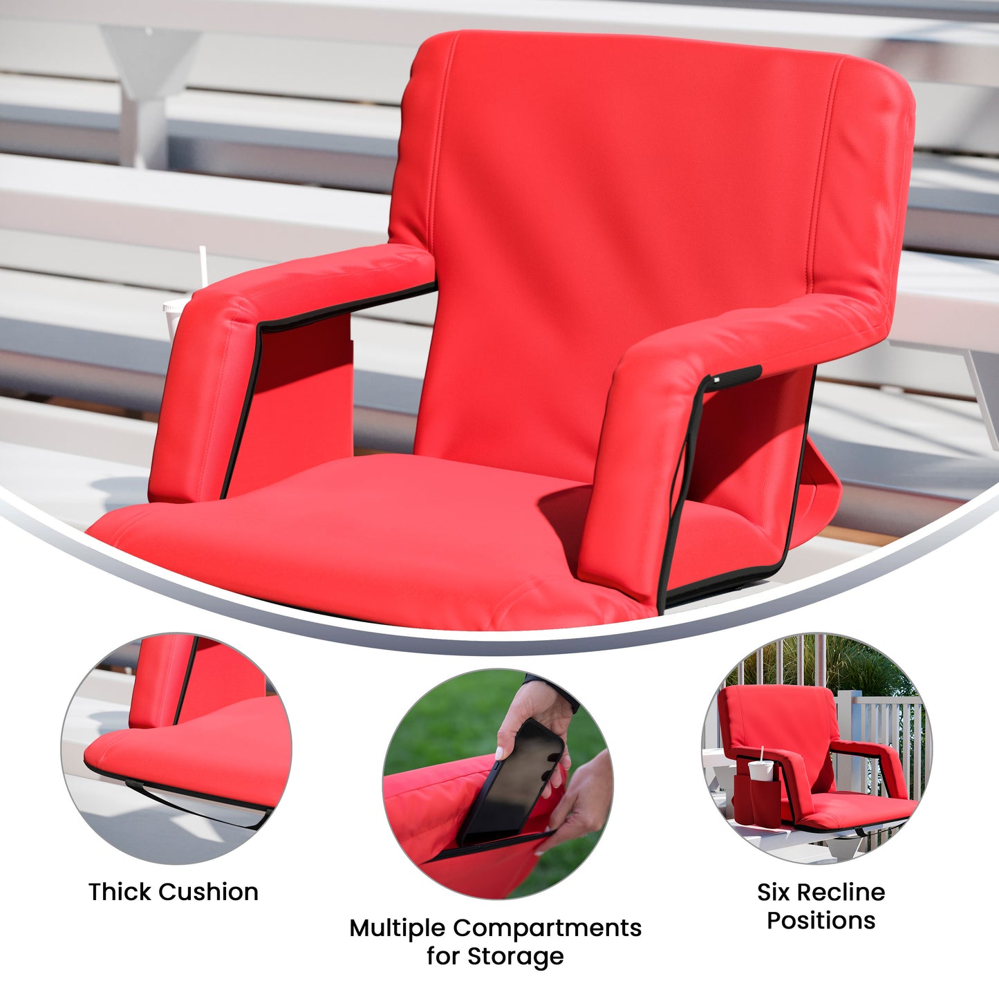 Malta Extra Wide Red Lightweight Reclining Stadium Chair with Armrests, Padded Back & Seat with Dual Storage Pockets and Backpack Straps Red
