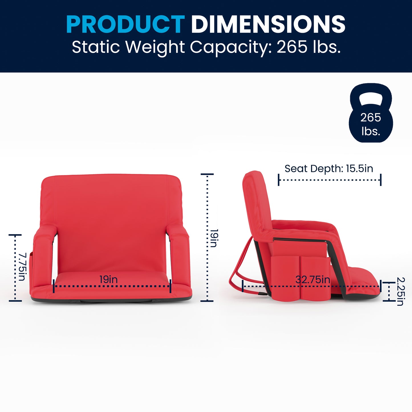Malta Extra Wide Red Lightweight Reclining Stadium Chair with Armrests, Padded Back & Seat with Dual Storage Pockets and Backpack Straps Red