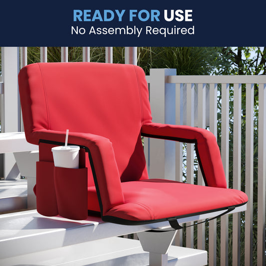 Malta Extra Wide Red Lightweight Reclining Stadium Chair with Armrests, Padded Back & Seat with Dual Storage Pockets and Backpack Straps Red