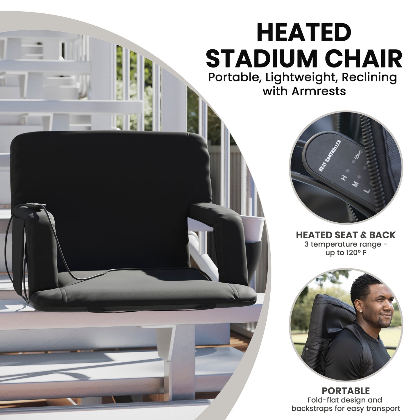 Malta Extra Wide Black Portable Heated Reclining Stadium Chair w/Armrests, Padded Back & Heated Seat w/Dual Storage Pockets and Backpack Straps Black