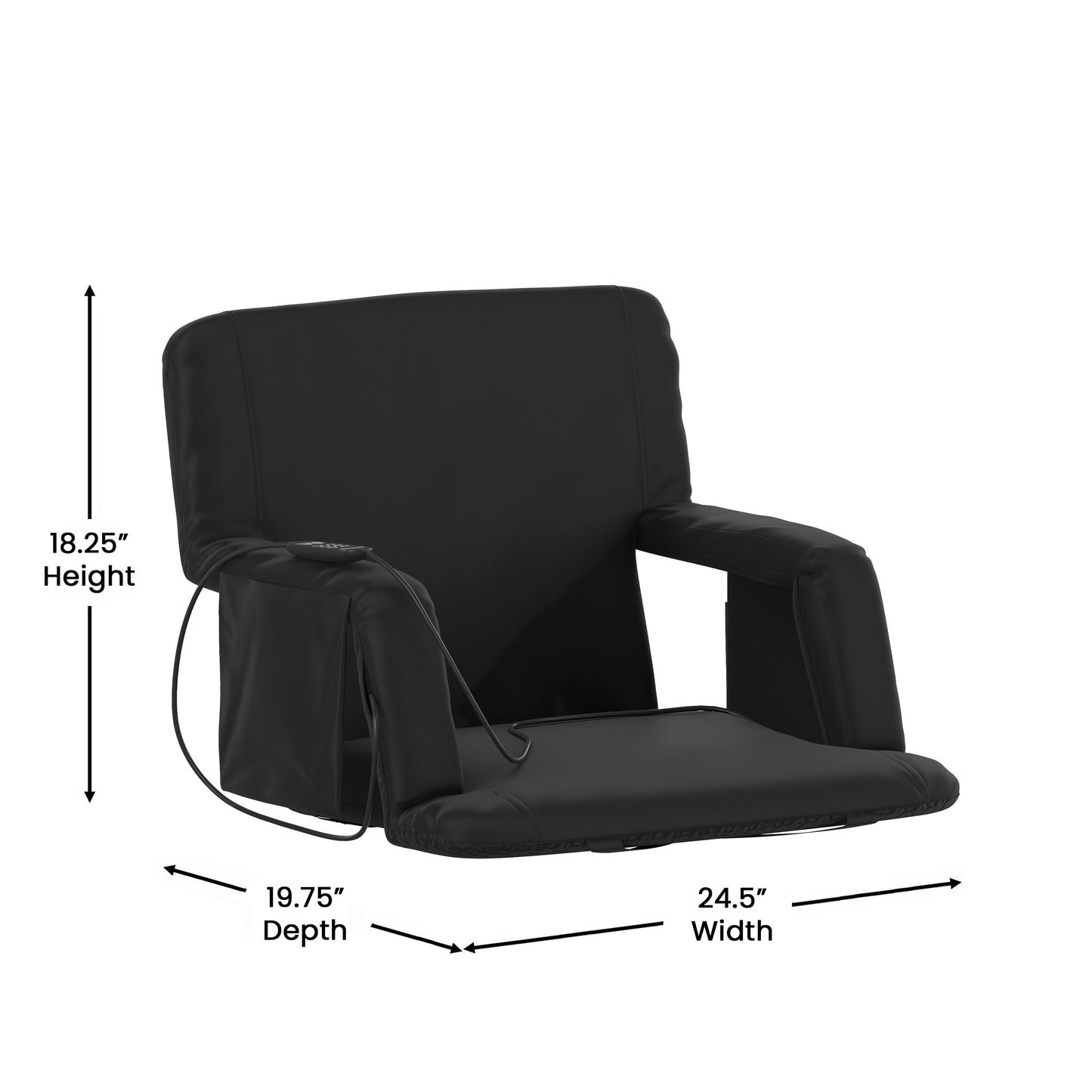 Malta Extra Wide Black Portable Heated Reclining Stadium Chair w/Armrests, Padded Back & Heated Seat w/Dual Storage Pockets and Backpack Straps Black