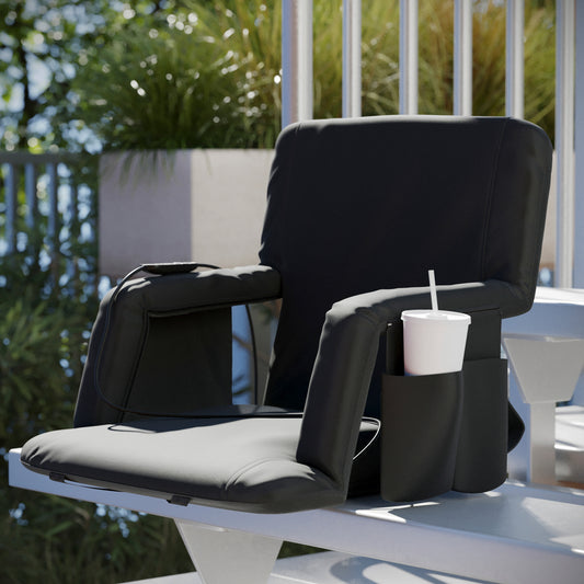 Malta Extra Wide Black Portable Heated Reclining Stadium Chair w/Armrests, Padded Back & Heated Seat w/Dual Storage Pockets and Backpack Straps Black