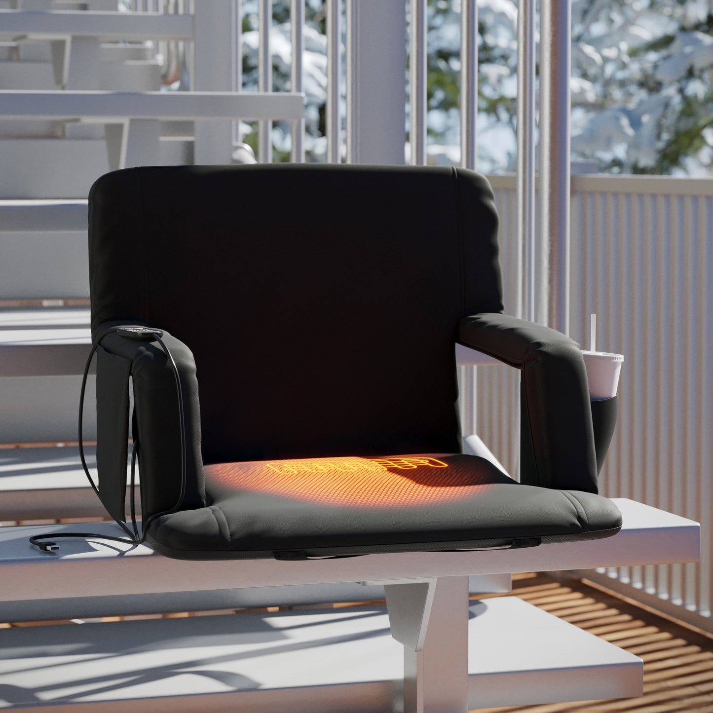 Malta Extra Wide Black Portable Heated Reclining Stadium Chair w/Armrests, Padded Back & Heated Seat w/Dual Storage Pockets and Backpack Straps Black