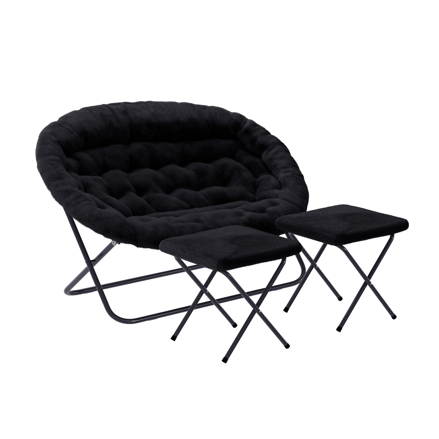 Eleanor 56" Portable Folding Double Saucer Chair with 2 Folding Ottomans Black Faux Fur with a Black Steel Frame for Dorm or Bedroom Black Fabric/Black Frame