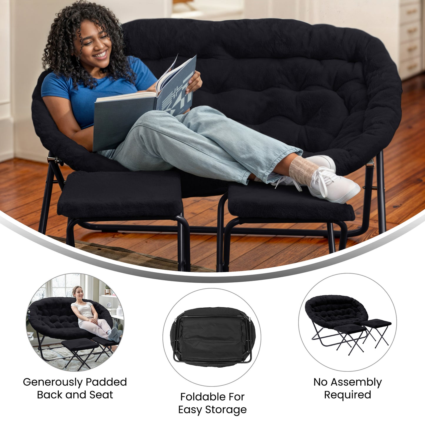 Eleanor 56" Portable Folding Double Saucer Chair with 2 Folding Ottomans Black Faux Fur with a Black Steel Frame for Dorm or Bedroom Black Fabric/Black Frame