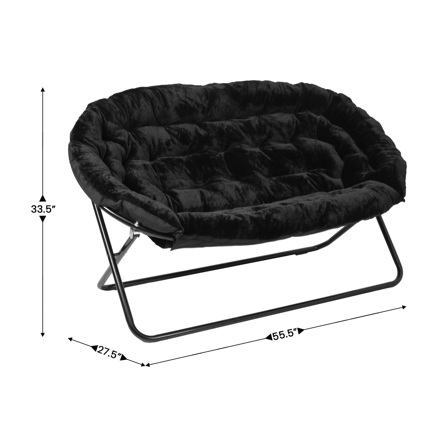 Eleanor 56" Portable Folding Double Saucer Chair with 2 Folding Ottomans Black Faux Fur with a Black Steel Frame for Dorm or Bedroom Black Fabric/Black Frame