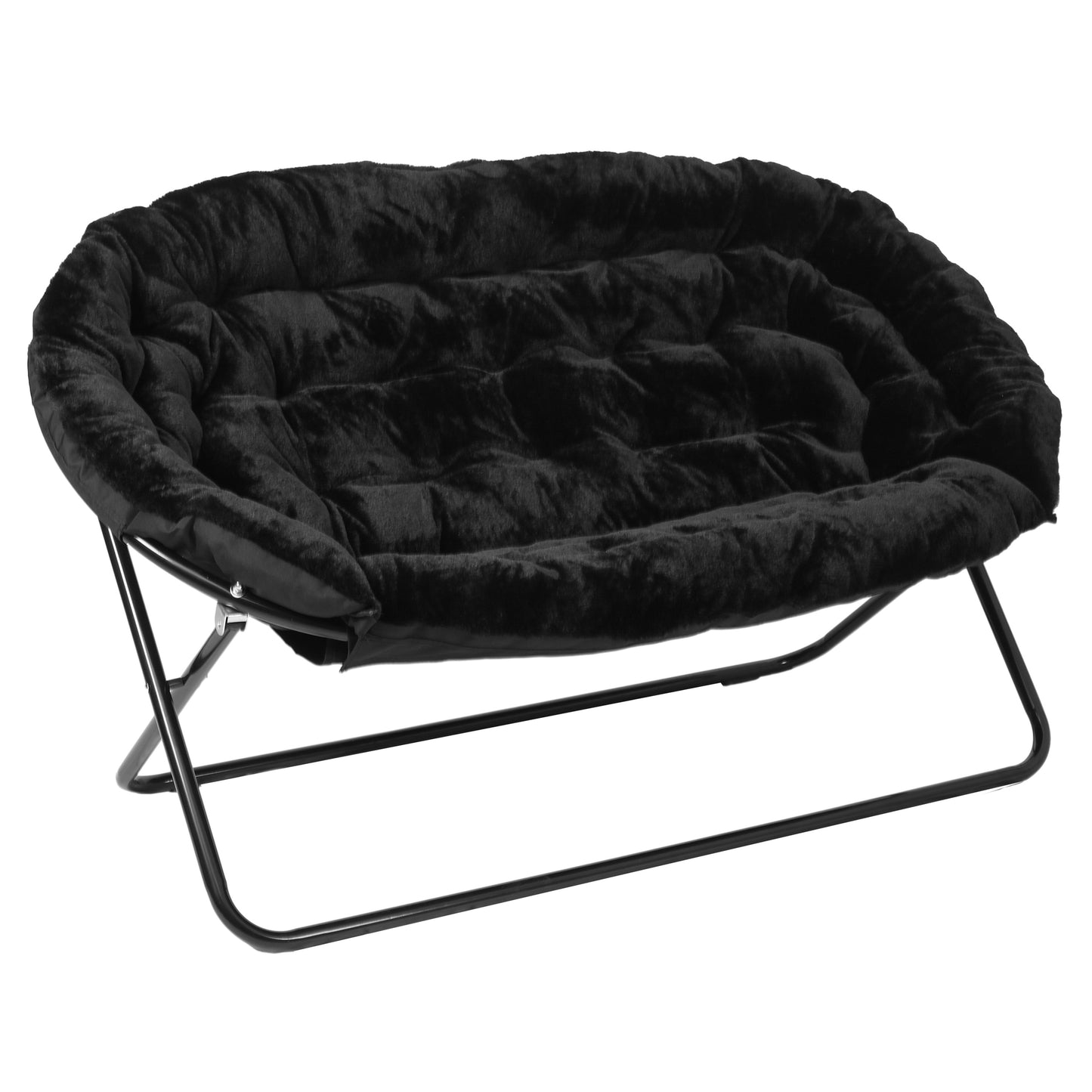 Eleanor 56" Portable Folding Double Saucer Chair with 2 Folding Ottomans Black Faux Fur with a Black Steel Frame for Dorm or Bedroom Black Fabric/Black Frame