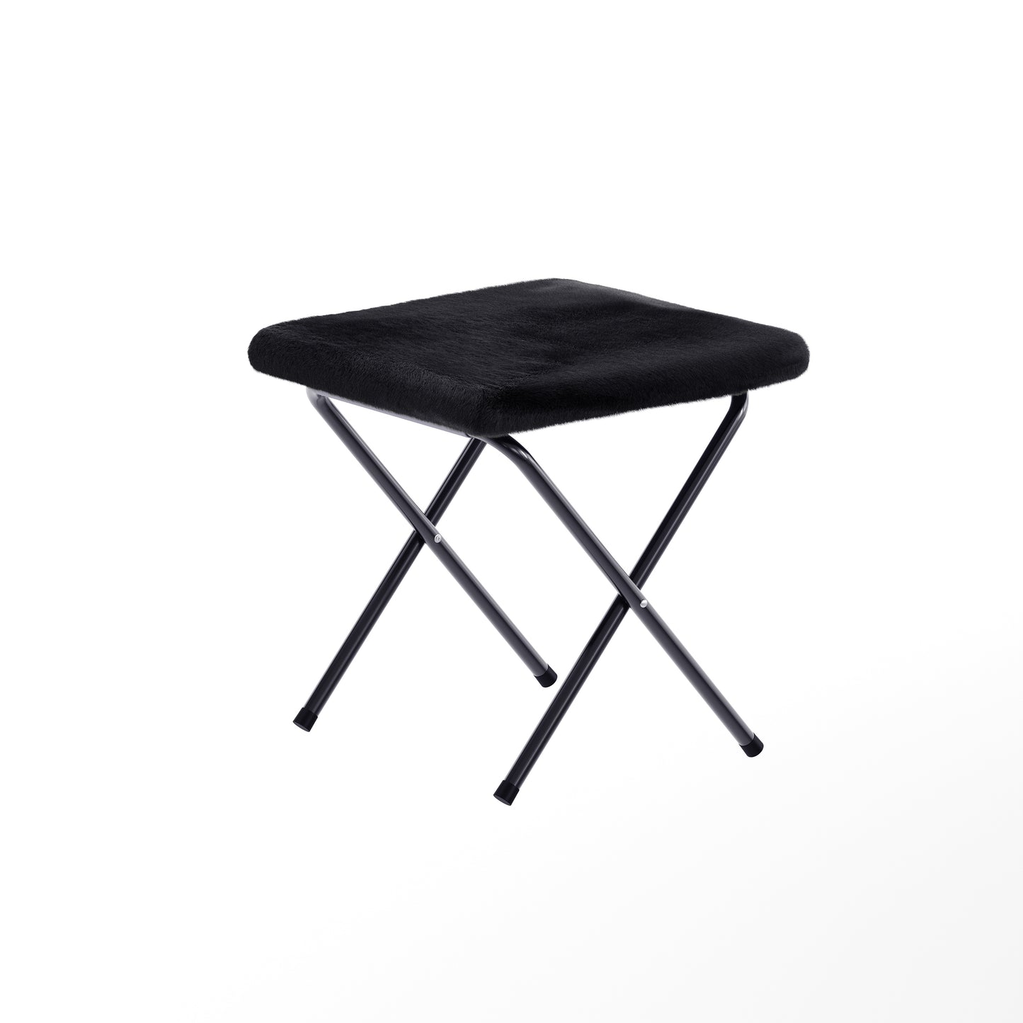 Eleanor 56" Portable Folding Double Saucer Chair with 2 Folding Ottomans Black Faux Fur with a Black Steel Frame for Dorm or Bedroom Black Fabric/Black Frame