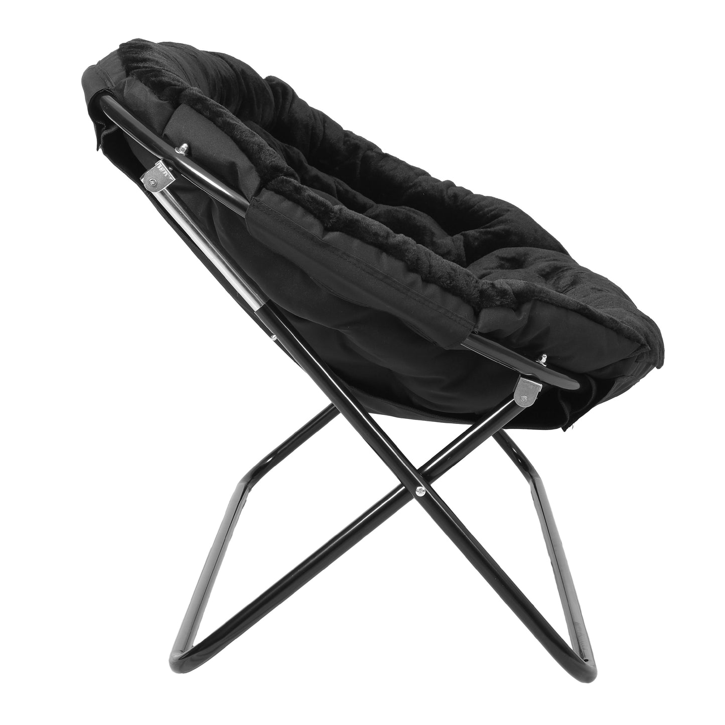 Eleanor 56" Portable Folding Double Saucer Chair with 2 Folding Ottomans Black Faux Fur with a Black Steel Frame for Dorm or Bedroom Black Fabric/Black Frame