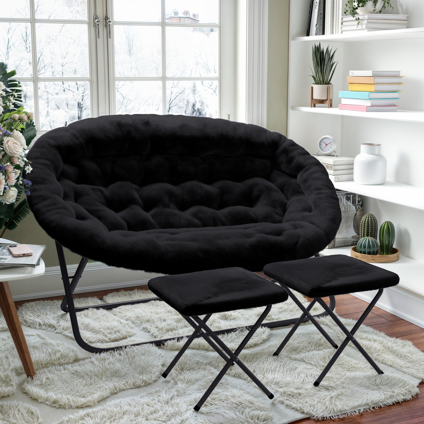 Eleanor 56" Portable Folding Double Saucer Chair with 2 Folding Ottomans Black Faux Fur with a Black Steel Frame for Dorm or Bedroom Black Fabric/Black Frame