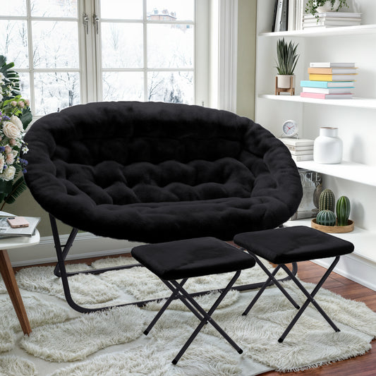 Eleanor 56" Portable Folding Double Saucer Chair with 2 Folding Ottomans Black Faux Fur with a Black Steel Frame for Dorm or Bedroom Black Fabric/Black Frame