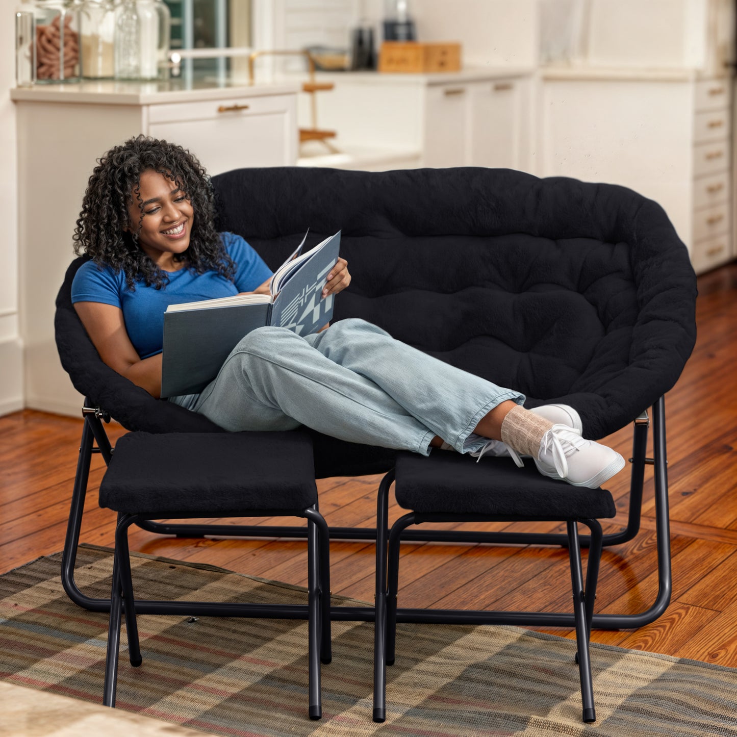 Eleanor 56" Portable Folding Double Saucer Chair with 2 Folding Ottomans Black Faux Fur with a Black Steel Frame for Dorm or Bedroom Black Fabric/Black Frame