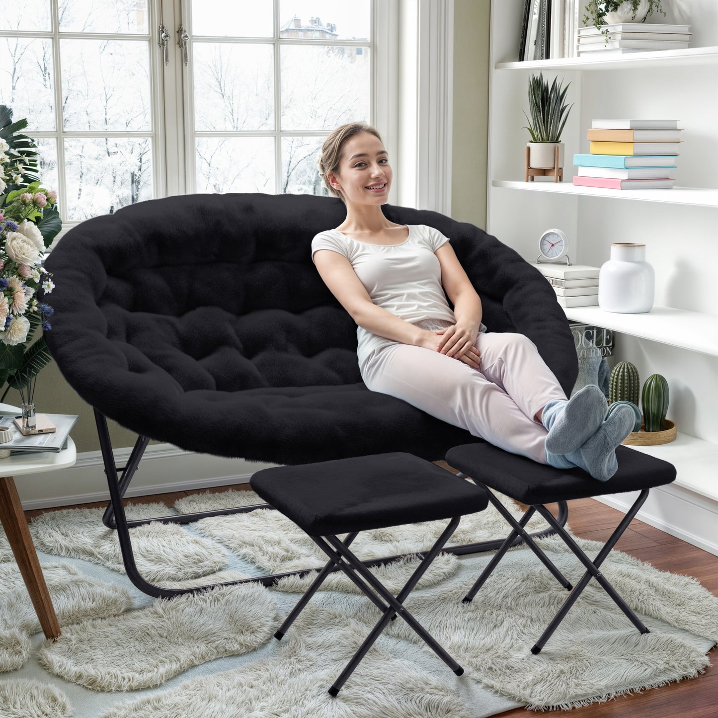 Eleanor 56" Portable Folding Double Saucer Chair with 2 Folding Ottomans Black Faux Fur with a Black Steel Frame for Dorm or Bedroom Black Fabric/Black Frame