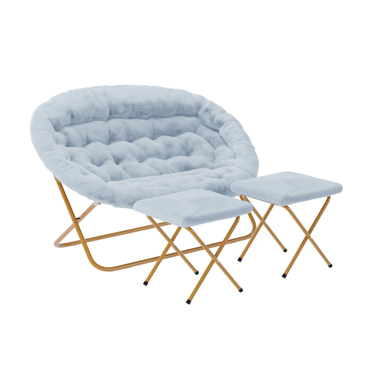 Eleanor 56" Portable Folding Double Saucer Chair with 2 Folding Ottomans in Dusty Aqua Faux Fur with a Soft Gold Steel Frame for Dorm or Bedroom Aqua Fabric/Soft Gold Frame