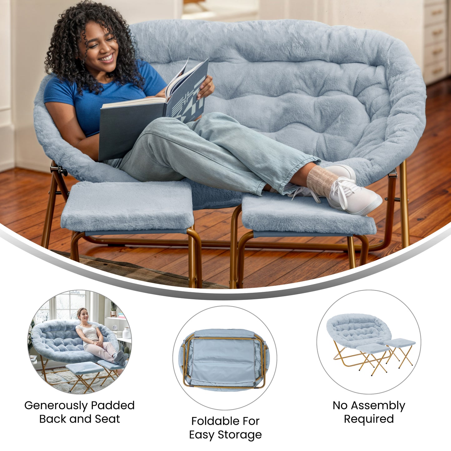 Eleanor 56" Portable Folding Double Saucer Chair with 2 Folding Ottomans in Dusty Aqua Faux Fur with a Soft Gold Steel Frame for Dorm or Bedroom Aqua Fabric/Soft Gold Frame