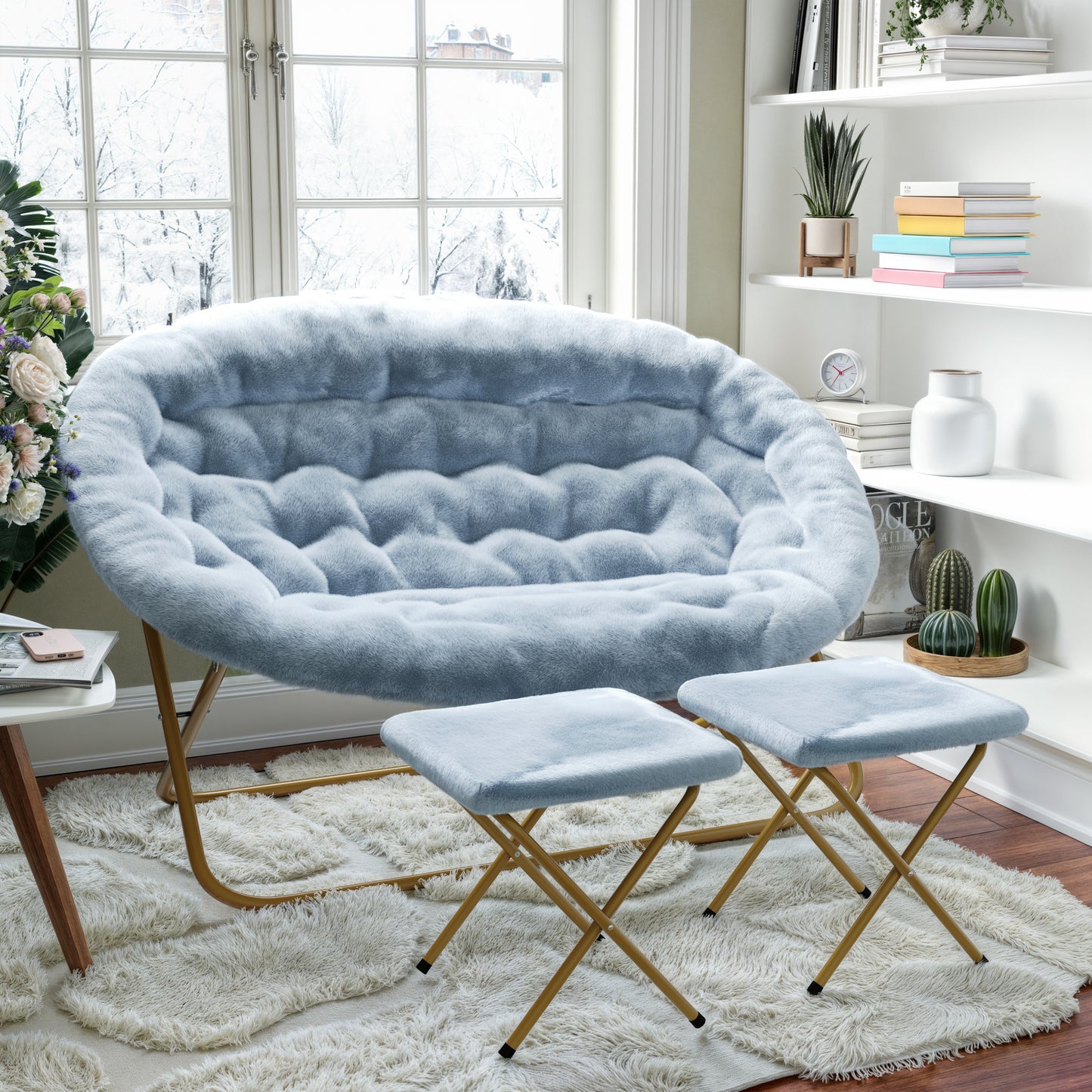 Eleanor 56" Portable Folding Double Saucer Chair with 2 Folding Ottomans in Dusty Aqua Faux Fur with a Soft Gold Steel Frame for Dorm or Bedroom Aqua Fabric/Soft Gold Frame