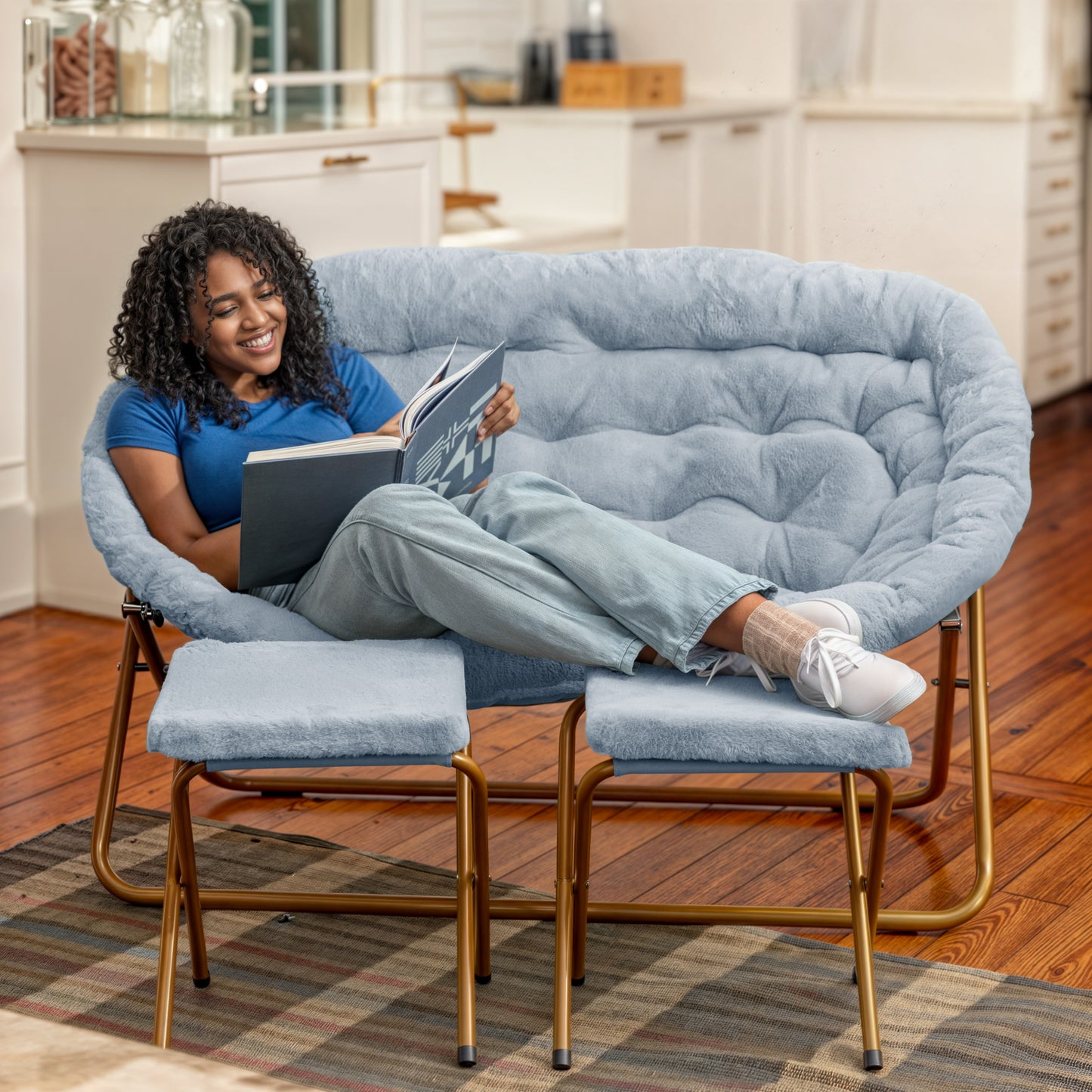 Eleanor 56" Portable Folding Double Saucer Chair with 2 Folding Ottomans in Dusty Aqua Faux Fur with a Soft Gold Steel Frame for Dorm or Bedroom Aqua Fabric/Soft Gold Frame
