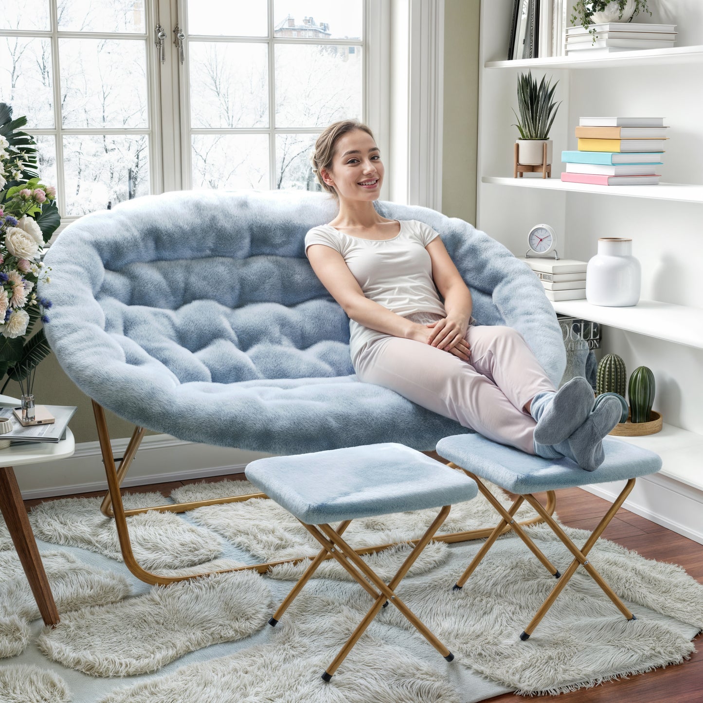 Eleanor 56" Portable Folding Double Saucer Chair with 2 Folding Ottomans in Dusty Aqua Faux Fur with a Soft Gold Steel Frame for Dorm or Bedroom Aqua Fabric/Soft Gold Frame