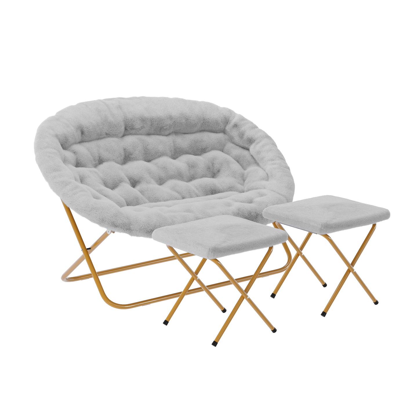 Eleanor 56" Portable Folding Double Saucer Chair with 2 Folding Ottomans Gray Faux Fur with a Soft Gold Steel Frame for Dorm or Bedroom Gray Fabric/Soft Gold Frame