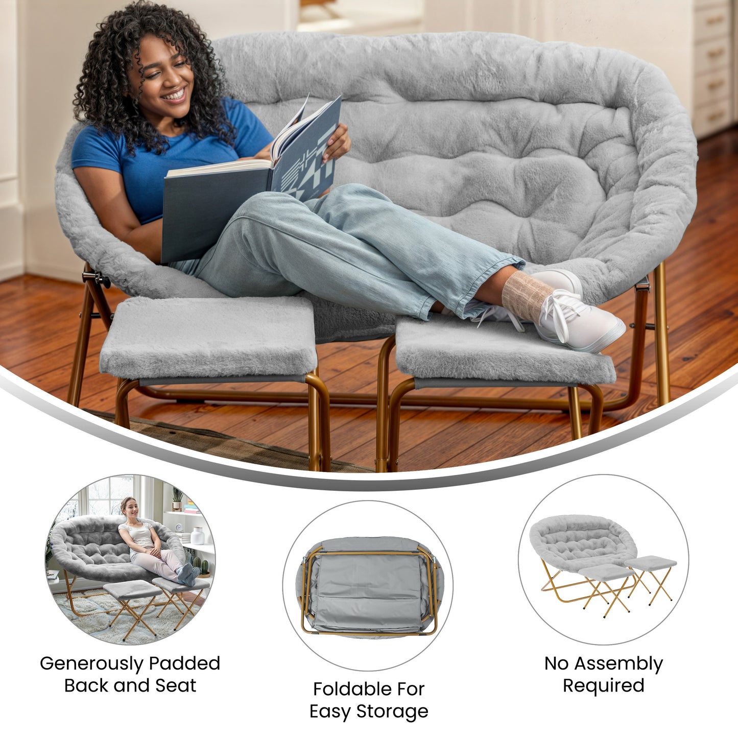 Eleanor 56" Portable Folding Double Saucer Chair with 2 Folding Ottomans Gray Faux Fur with a Soft Gold Steel Frame for Dorm or Bedroom Gray Fabric/Soft Gold Frame