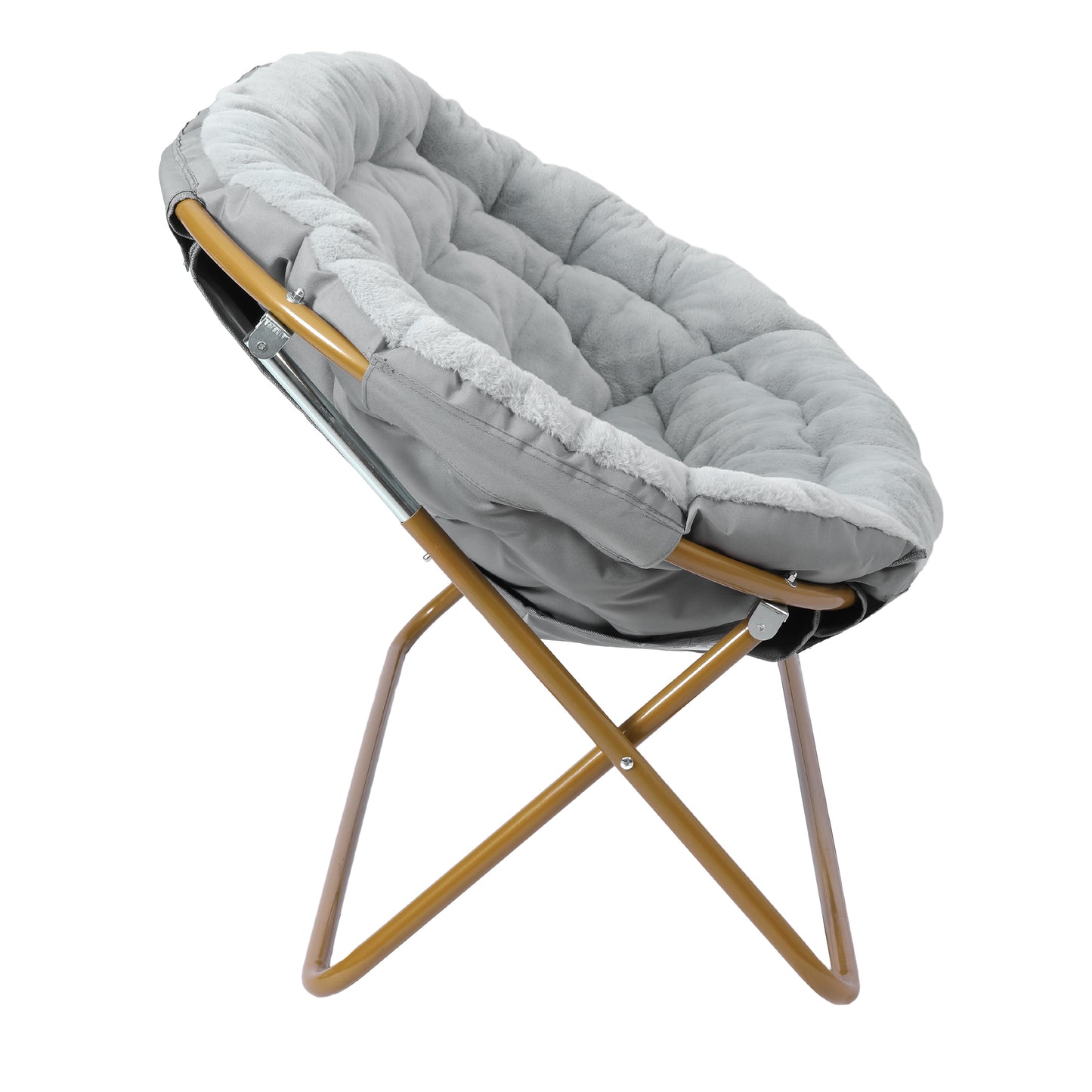 Eleanor 56" Portable Folding Double Saucer Chair with 2 Folding Ottomans Gray Faux Fur with a Soft Gold Steel Frame for Dorm or Bedroom Gray Fabric/Soft Gold Frame
