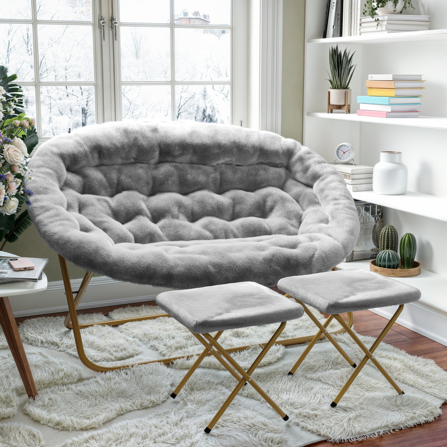 Eleanor 56" Portable Folding Double Saucer Chair with 2 Folding Ottomans Gray Faux Fur with a Soft Gold Steel Frame for Dorm or Bedroom Gray Fabric/Soft Gold Frame