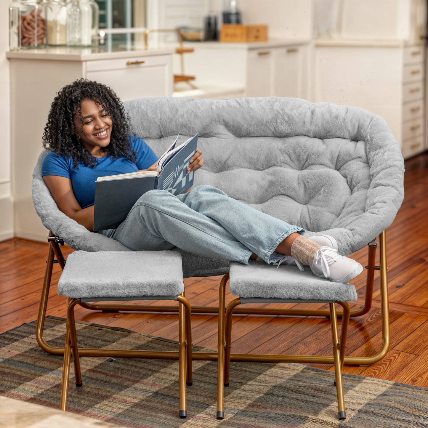 Eleanor 56" Portable Folding Double Saucer Chair with 2 Folding Ottomans Gray Faux Fur with a Soft Gold Steel Frame for Dorm or Bedroom Gray Fabric/Soft Gold Frame