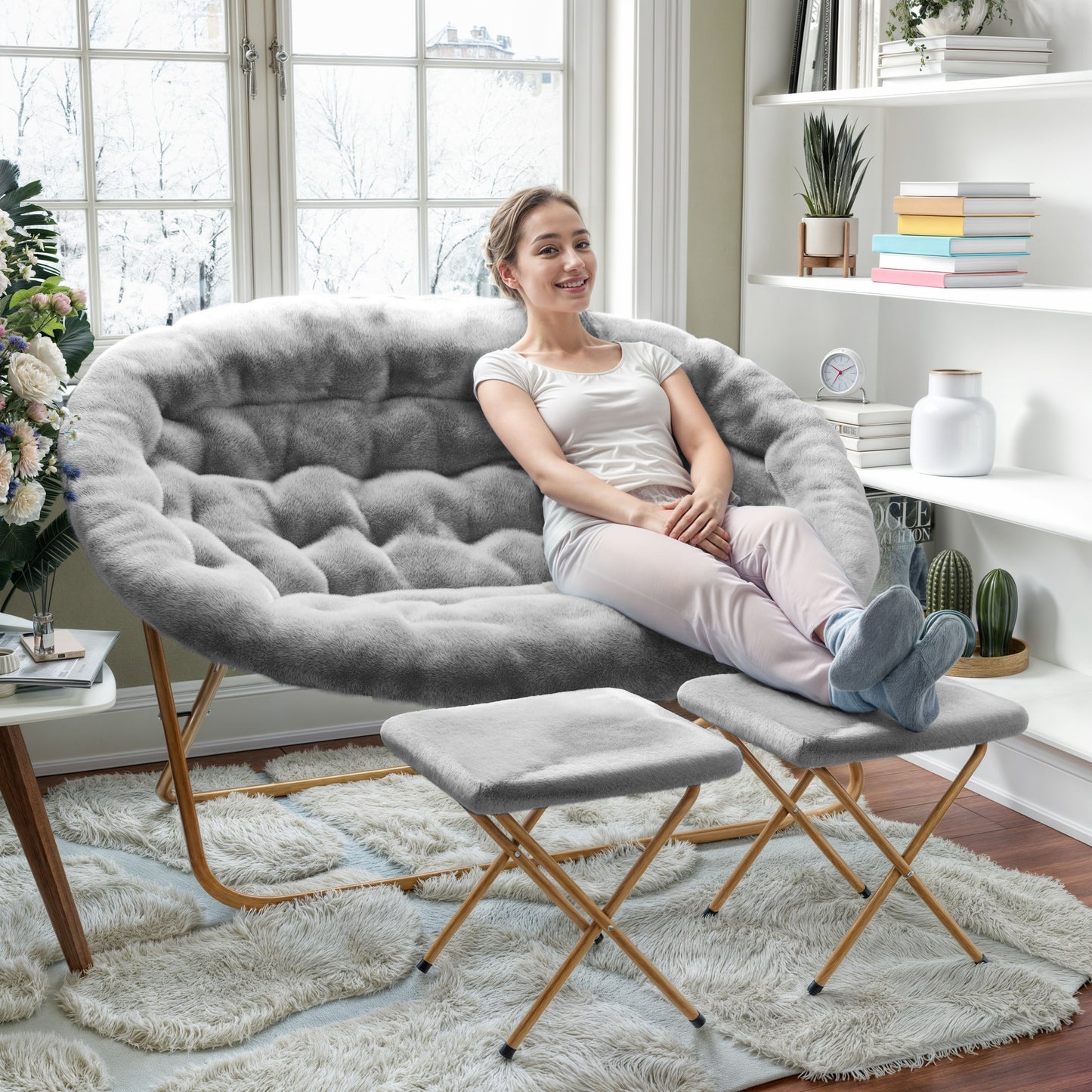 Eleanor 56" Portable Folding Double Saucer Chair with 2 Folding Ottomans Gray Faux Fur with a Soft Gold Steel Frame for Dorm or Bedroom Gray Fabric/Soft Gold Frame