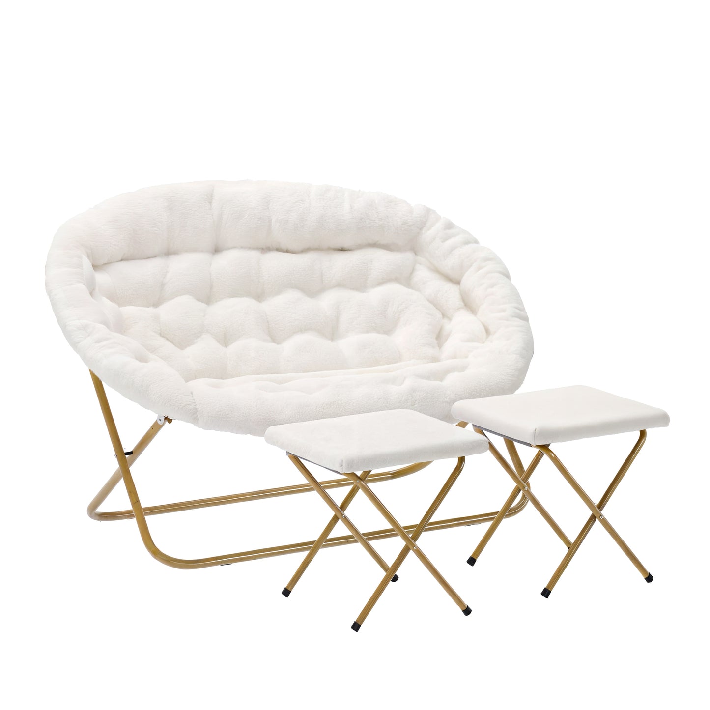Eleanor 56" Portable Folding Double Saucer Chair with 2 Folding Ottomans Ivory Faux Shearling with a Soft Gold Steel Frame for Dorm or Bedroom Ivory Faux Shearling Fabric/Soft Gold Frame