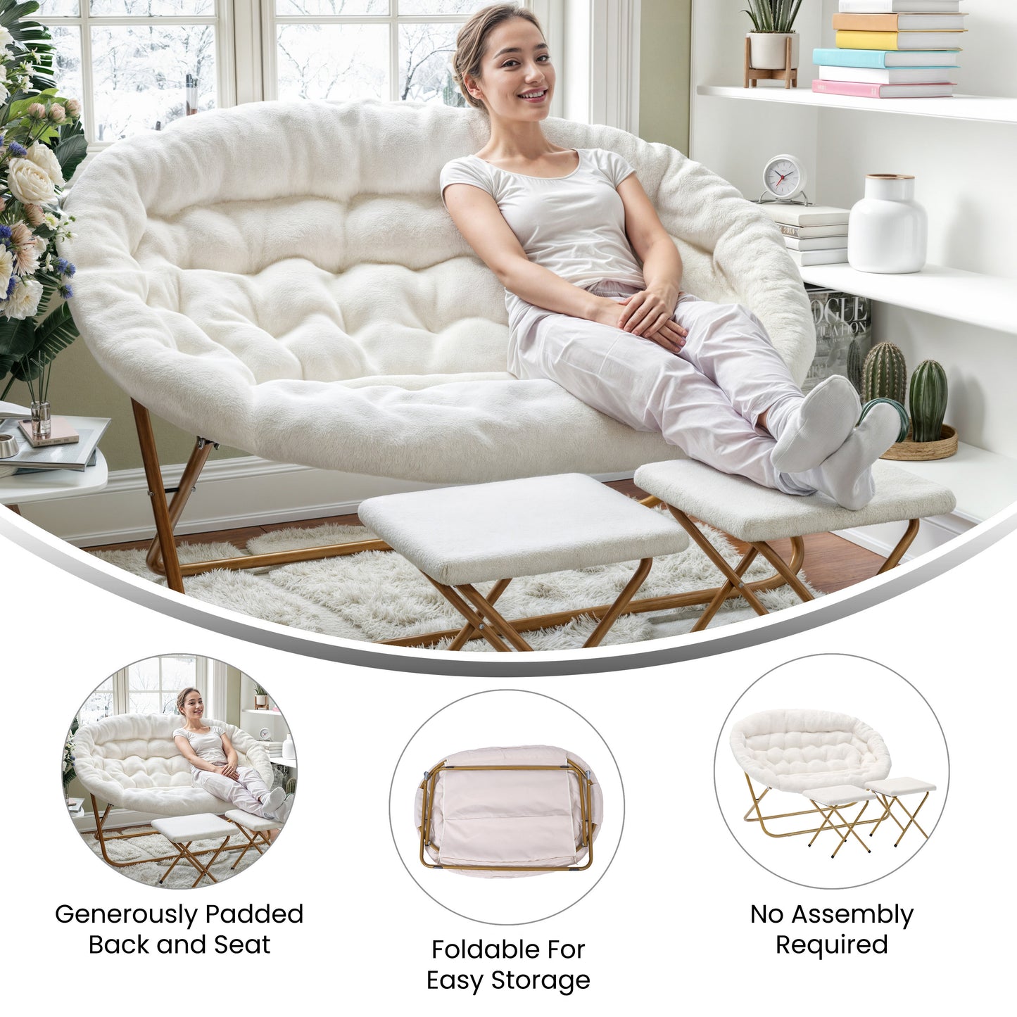 Eleanor 56" Portable Folding Double Saucer Chair with 2 Folding Ottomans Ivory Faux Shearling with a Soft Gold Steel Frame for Dorm or Bedroom Ivory Faux Shearling Fabric/Soft Gold Frame