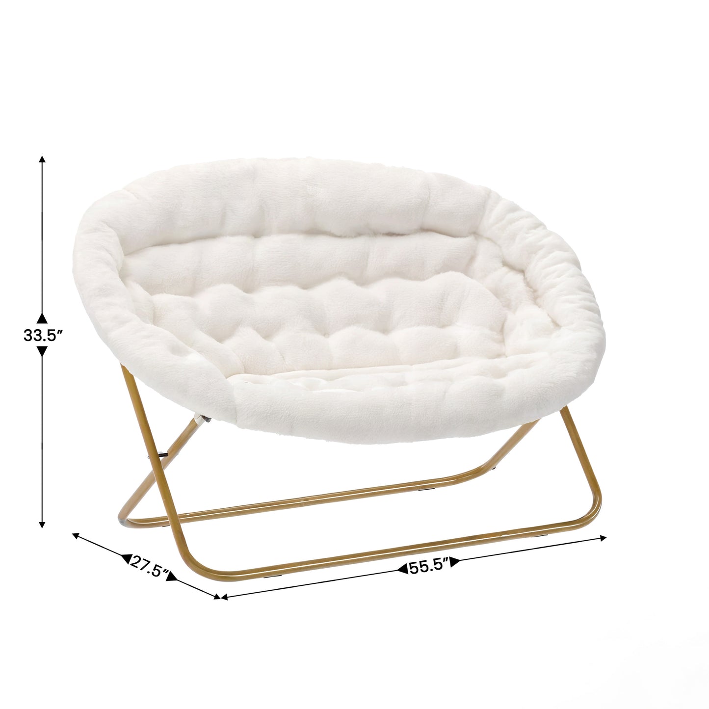Eleanor 56" Portable Folding Double Saucer Chair with 2 Folding Ottomans Ivory Faux Shearling with a Soft Gold Steel Frame for Dorm or Bedroom Ivory Faux Shearling Fabric/Soft Gold Frame