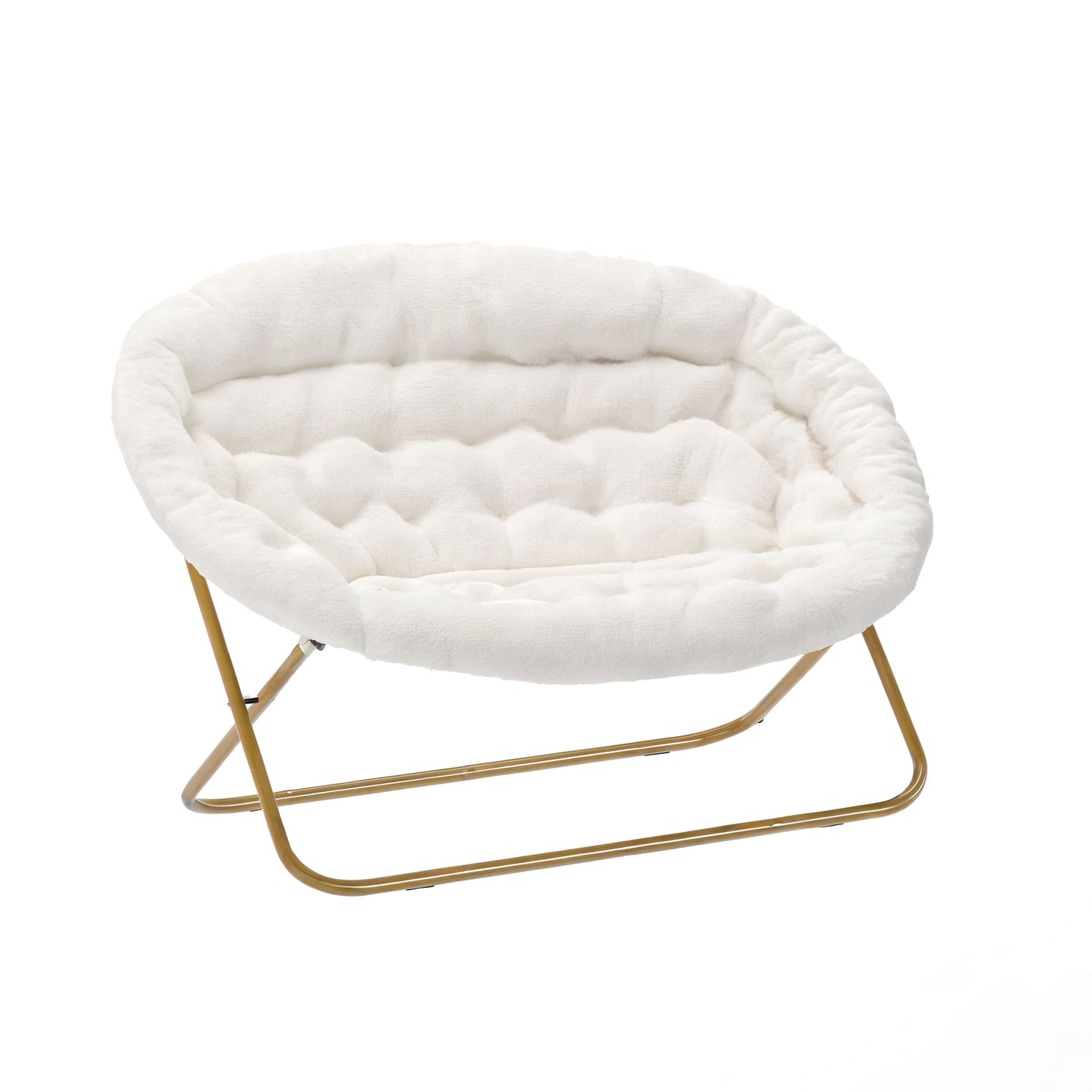 Eleanor 56" Portable Folding Double Saucer Chair with 2 Folding Ottomans Ivory Faux Shearling with a Soft Gold Steel Frame for Dorm or Bedroom Ivory Faux Shearling Fabric/Soft Gold Frame