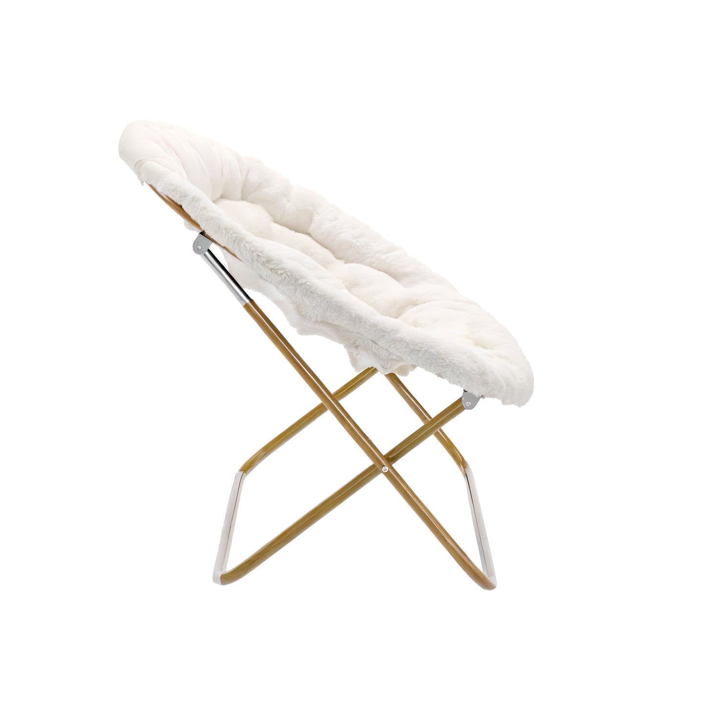 Eleanor 56" Portable Folding Double Saucer Chair with 2 Folding Ottomans Ivory Faux Shearling with a Soft Gold Steel Frame for Dorm or Bedroom Ivory Faux Shearling Fabric/Soft Gold Frame