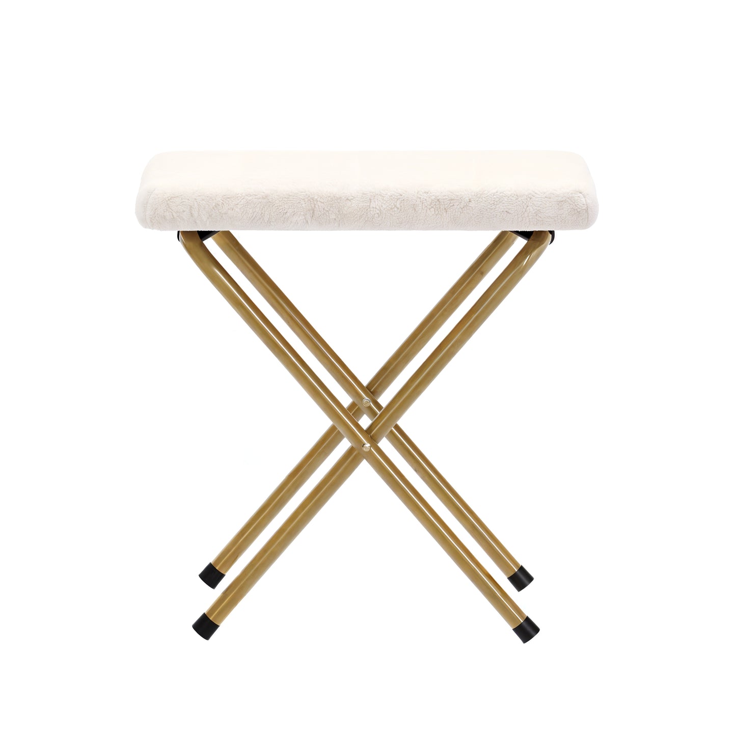 Eleanor 56" Portable Folding Double Saucer Chair with 2 Folding Ottomans Ivory Faux Shearling with a Soft Gold Steel Frame for Dorm or Bedroom Ivory Faux Shearling Fabric/Soft Gold Frame