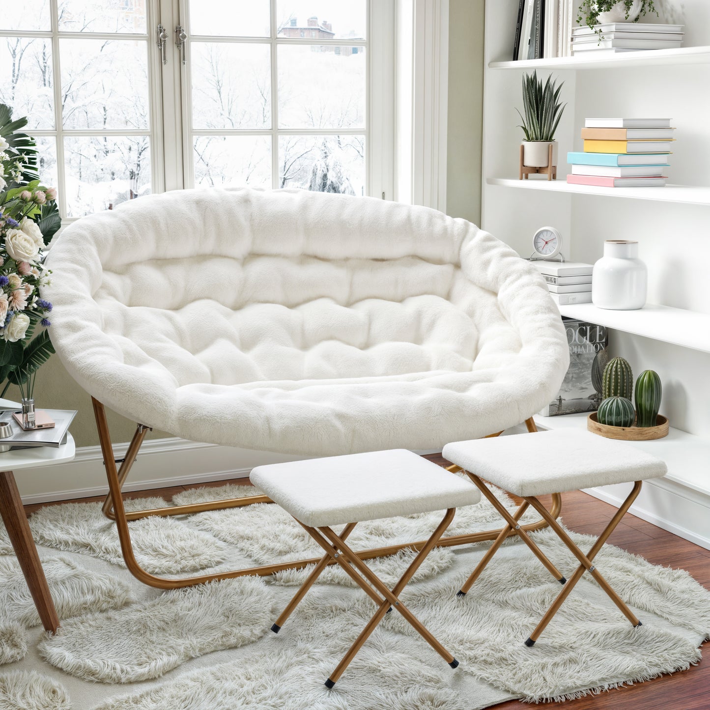 Eleanor 56" Portable Folding Double Saucer Chair with 2 Folding Ottomans Ivory Faux Shearling with a Soft Gold Steel Frame for Dorm or Bedroom Ivory Faux Shearling Fabric/Soft Gold Frame