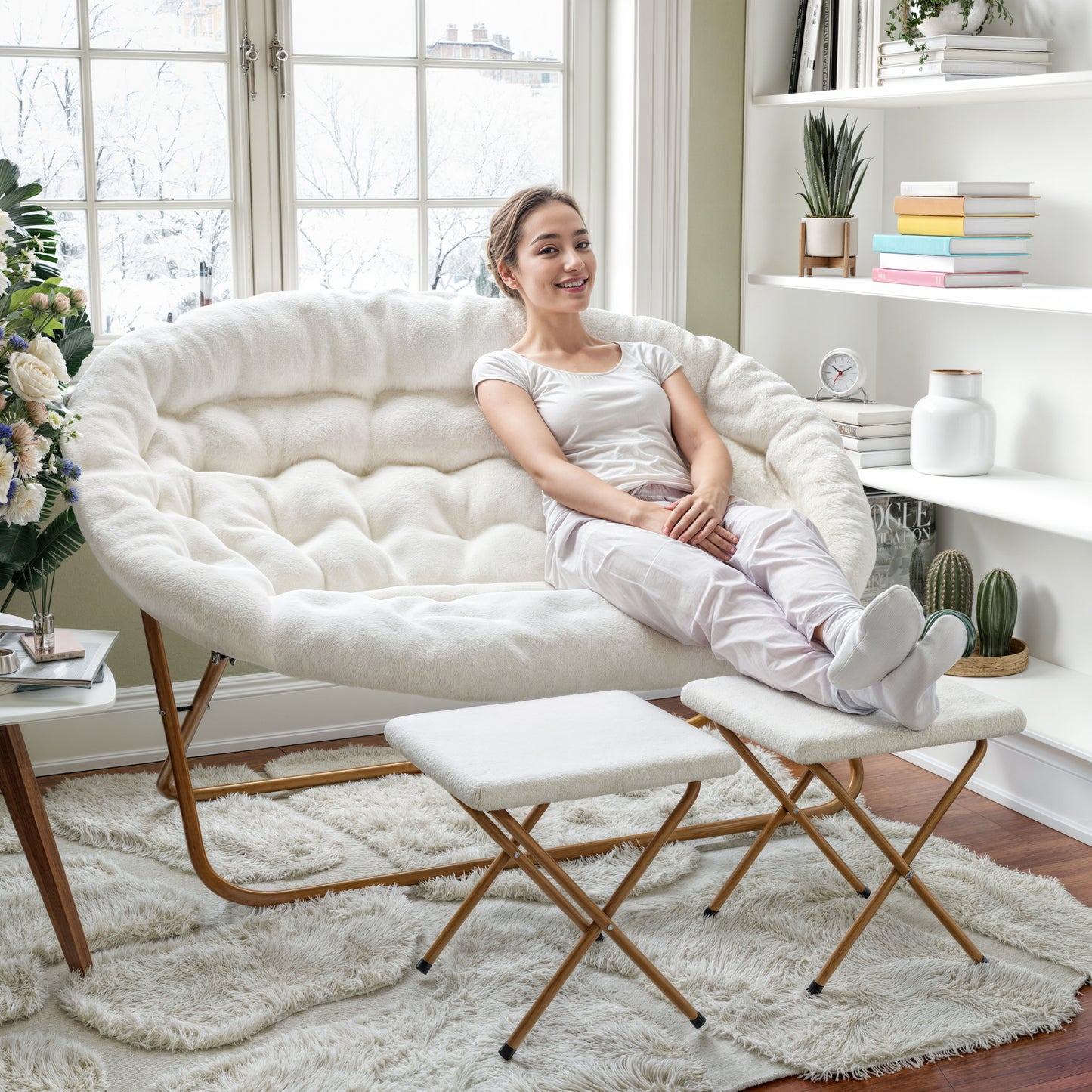 Eleanor 56" Portable Folding Double Saucer Chair with 2 Folding Ottomans Ivory Faux Shearling with a Soft Gold Steel Frame for Dorm or Bedroom Ivory Faux Shearling Fabric/Soft Gold Frame