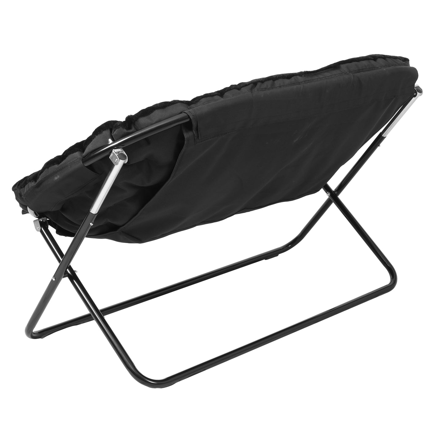 Eleanor 56" Portable Folding Double Saucer Chair in Black Faux Fur with a Black Steel Frame for Dorm, Living Room, or Bedroom Black Fabric/Black Frame