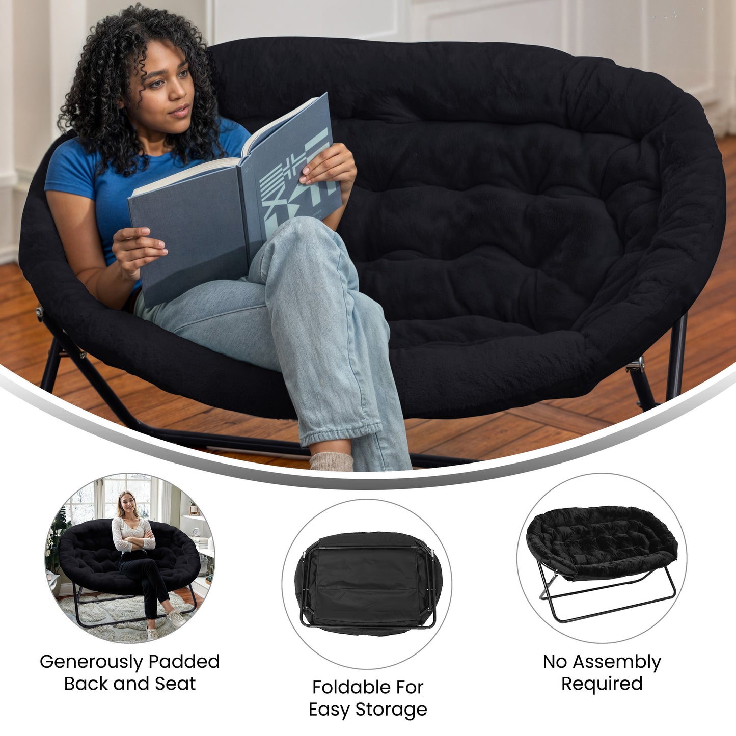 Eleanor 56" Portable Folding Double Saucer Chair in Black Faux Fur with a Black Steel Frame for Dorm, Living Room, or Bedroom Black Fabric/Black Frame