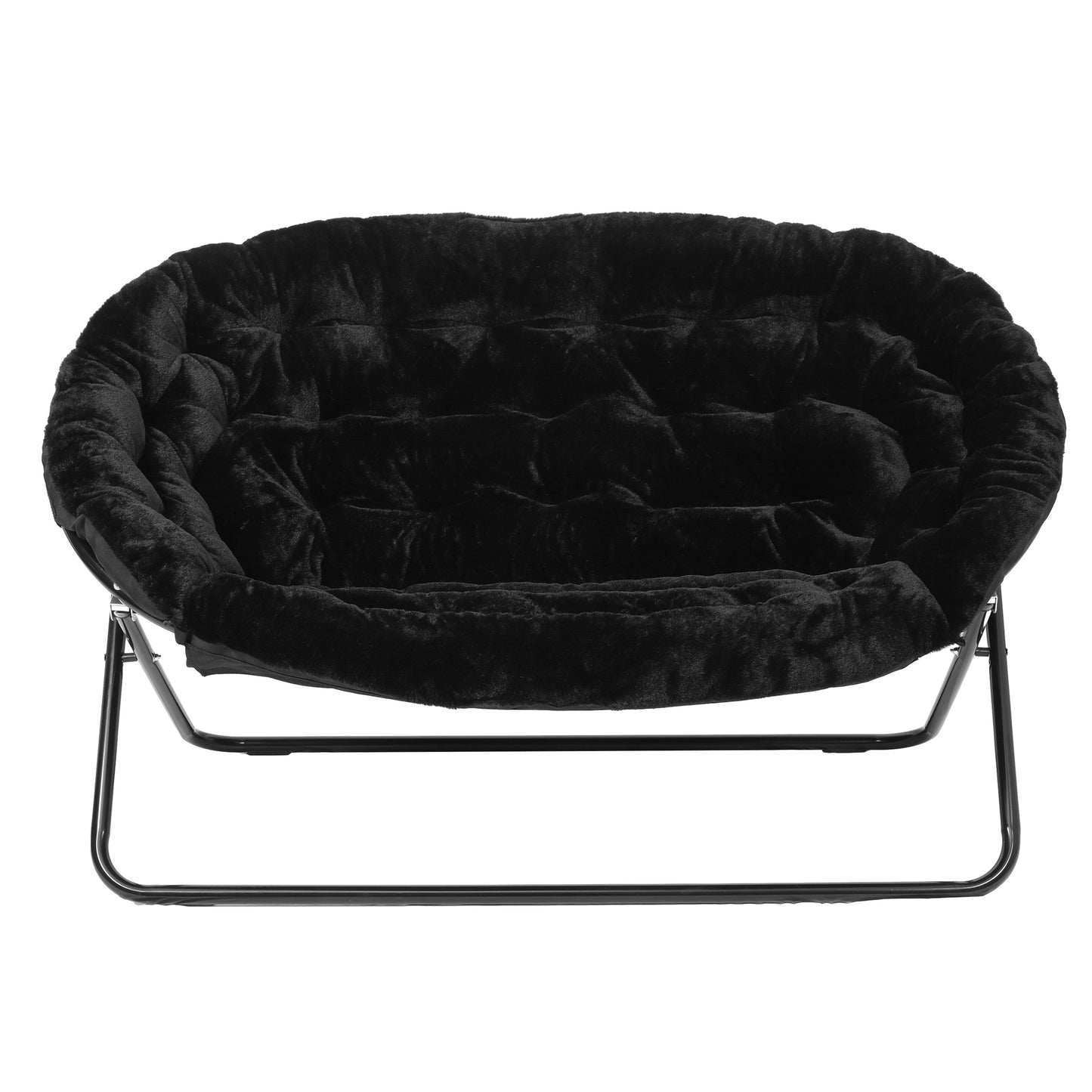 Eleanor 56" Portable Folding Double Saucer Chair in Black Faux Fur with a Black Steel Frame for Dorm, Living Room, or Bedroom Black Fabric/Black Frame
