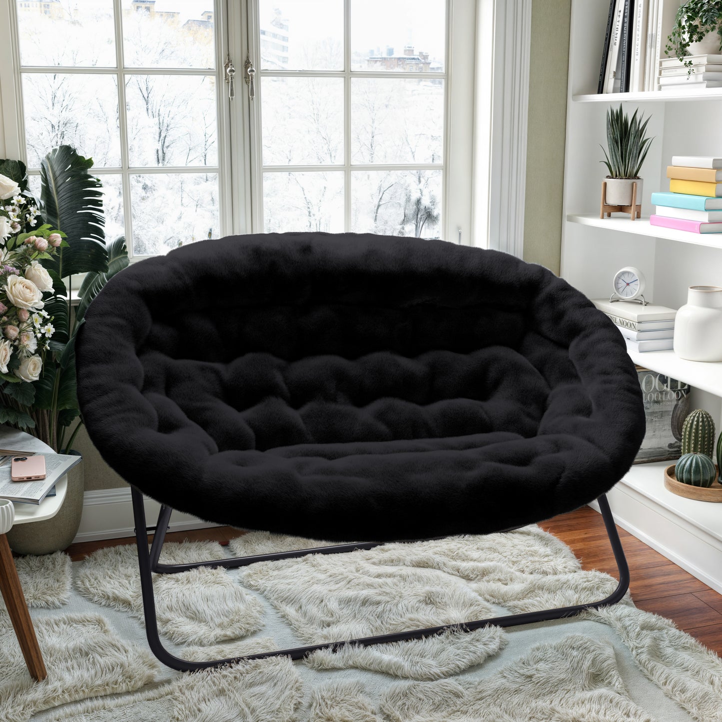 Eleanor 56" Portable Folding Double Saucer Chair in Black Faux Fur with a Black Steel Frame for Dorm, Living Room, or Bedroom Black Fabric/Black Frame